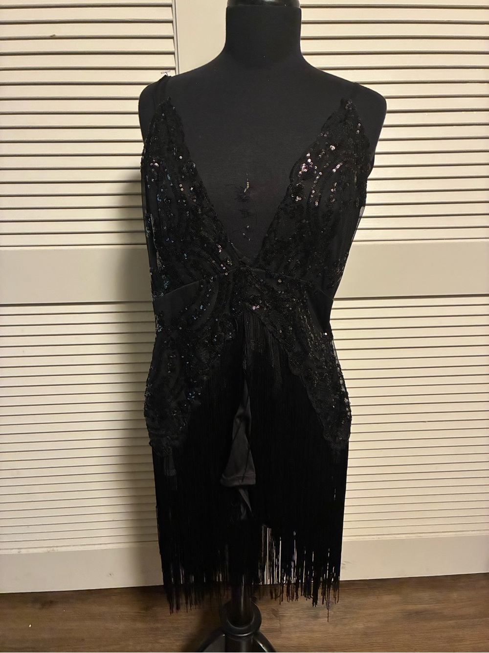 Black Sequin Fringe V-Neck Cocktail Romper Dress